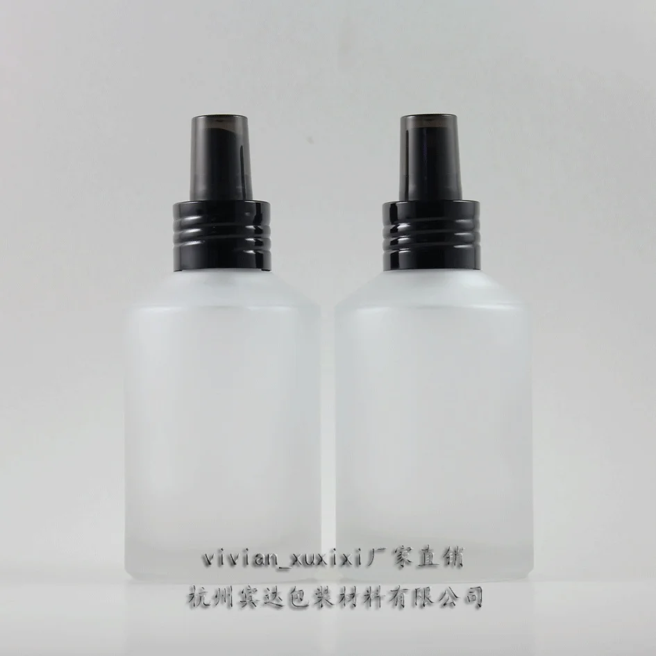 30pcs 200 ml round glass clear frost lotion bottle with black aluminium pump, 200ml cosmetic bottle for liquid cream