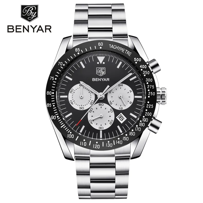 Steel black B BENYAR Брендовые мужские спортивные часы с хронографом все указатели водонепроницаемые Модные Стальные кварцевые часы Прямая поставка черные - Цвет: Steel black B