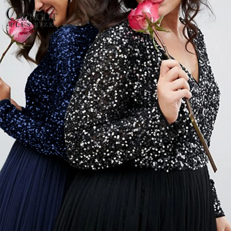 

CACNCUT 2019 Spring Plus Size Women Long Dress Sexy V Neck Mesh Sequined Big Size Dress Winter Elegant Evening Party Maxi Dress