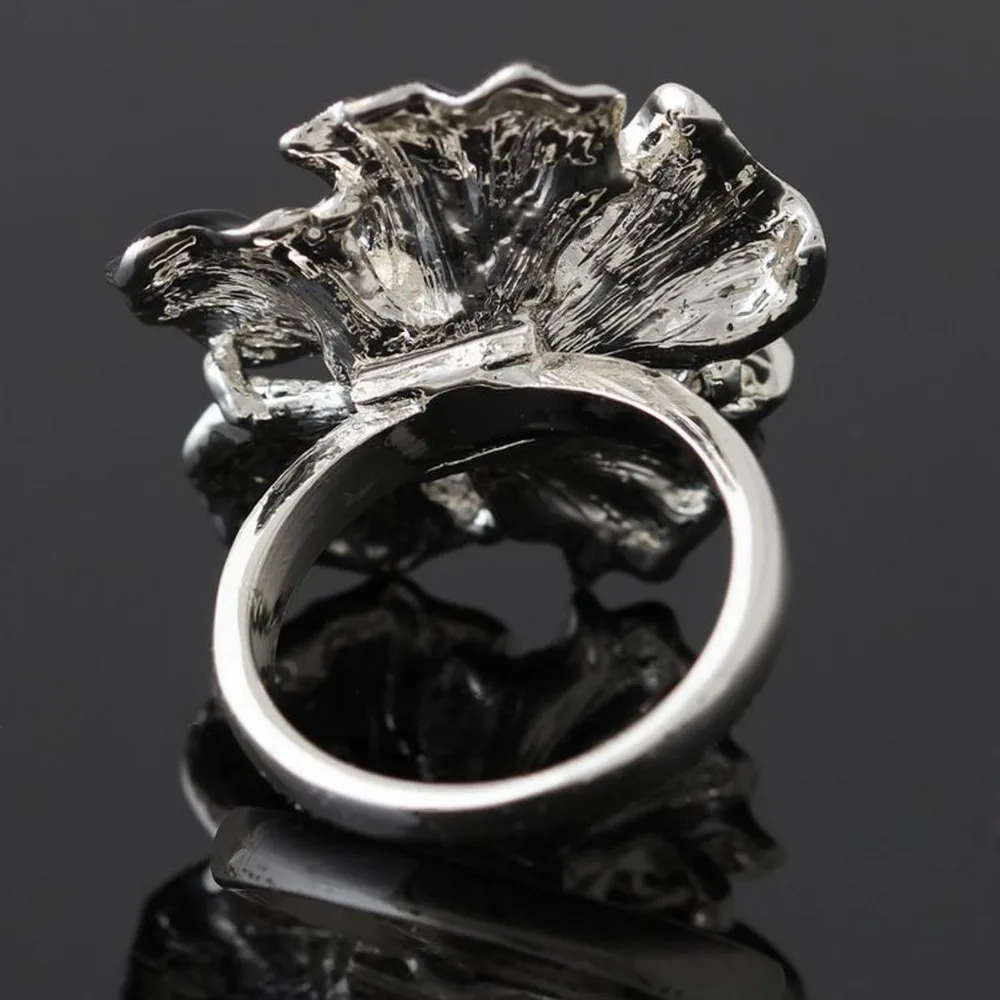 Женское Винтажное кольцо с черным цветком толстое серебряное покрытие большие