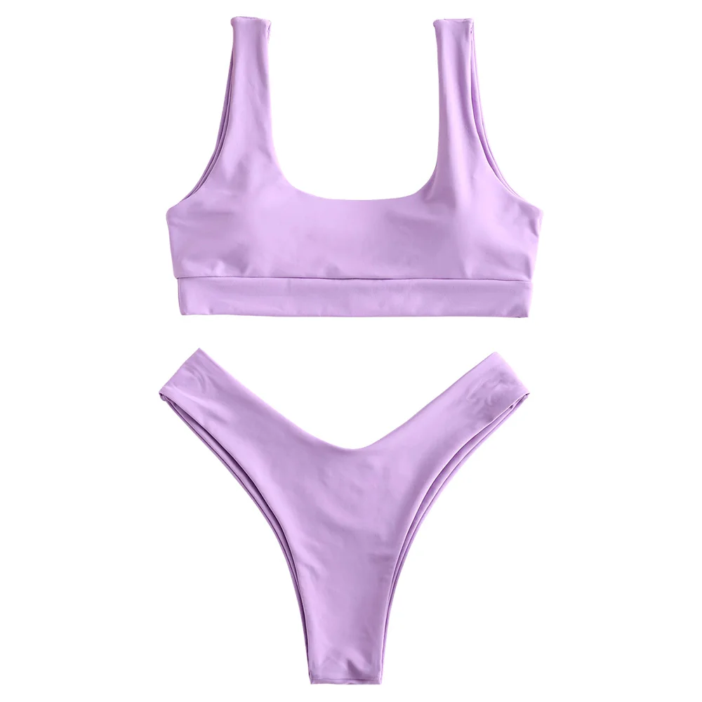Mauve ZAFUL Бикини Женщины Мягкие Высокие Ноги Бикини Установить Сексуальный Твердый Купальник с Низкой Талией Шеи Купальники Летний Пуш Ап Купальный Костюм - Цвет: Mauve