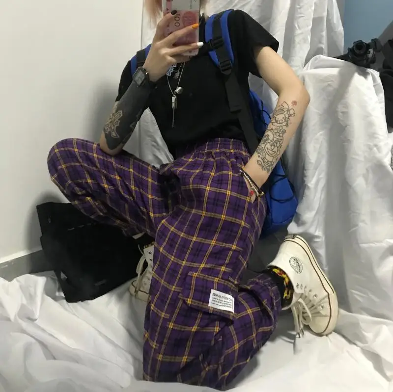 2019 Харадзюку брюки карго женские модные клетчатые уличные шаровары Повседневные