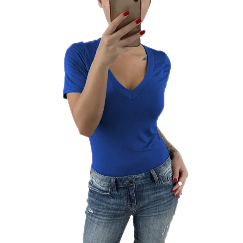 Женская длинная футболка с V образным вырезом и коротким рукавом|Футболки| |