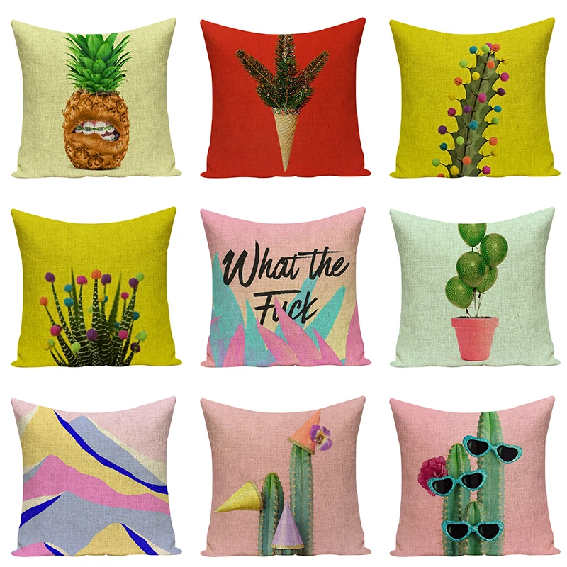 Льняная наволочка с принтом кактуса декоративная для дивана сидение офиса