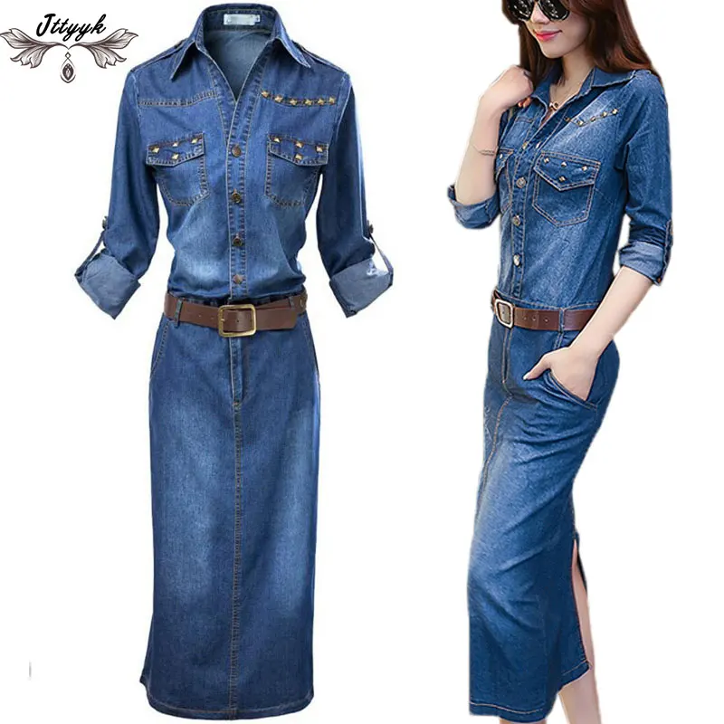 

2022 Large Size Autumn Denim Dress Long Sleeves Casual Jeans Dress Women Hip Bodycon Office Long Party Summer Dress Vestidos 609