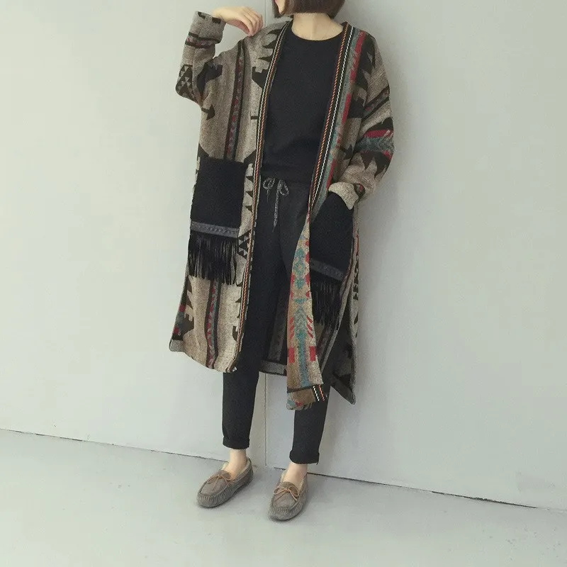 Women Vintage Sweaters Open Stitch Long Sleeve Coat Spring Knitted Retro Tops |
