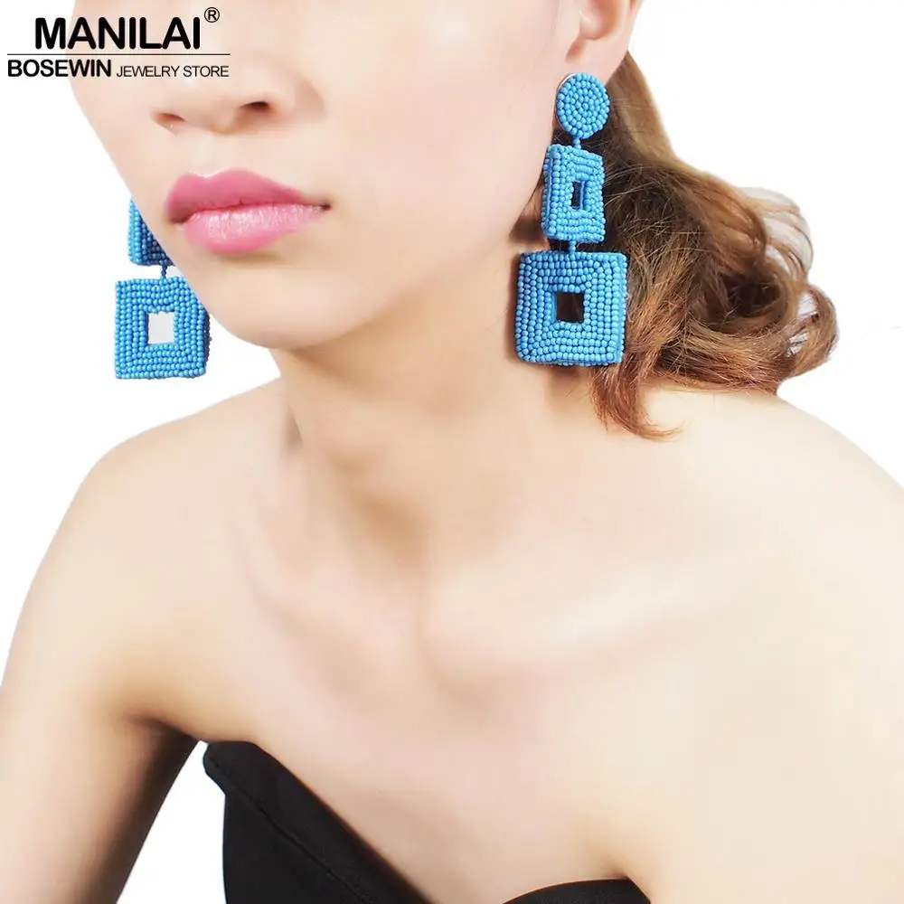 MANILAI Square Handmade Beads Drop Earrings For Women Jewelry Geometric Dangle Earrings Statement Big Bead Pendant Wedding