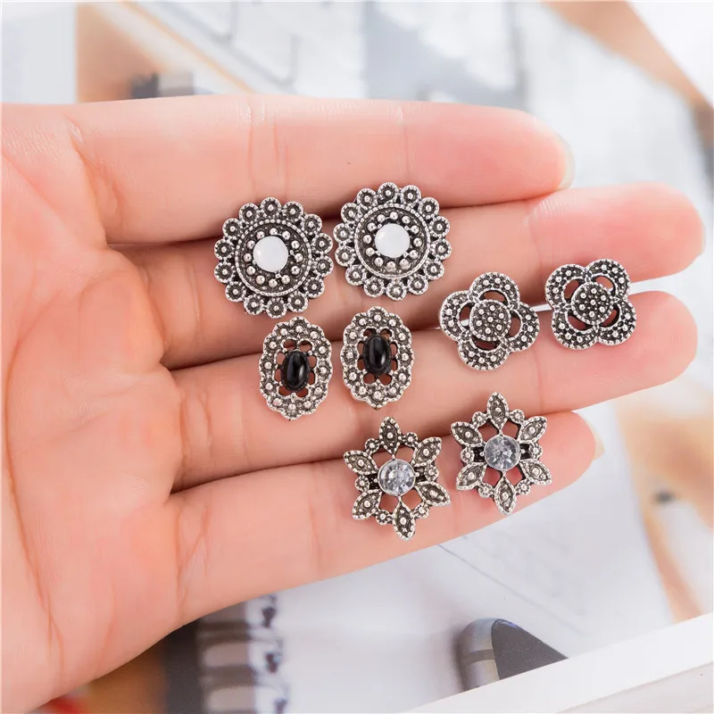 

4 Pairs/set Vintage Antique Silver Hollow Flower Pattern Stud Earrings Set For Women Party Statement Jewelry Boucle D'oreille