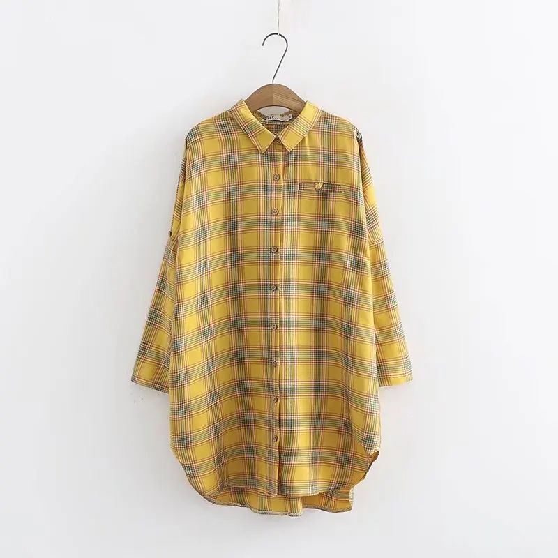 2019 spring new korean version of the fat mm200 plus fertilizer xl women plaid shirt and long sections female backing |