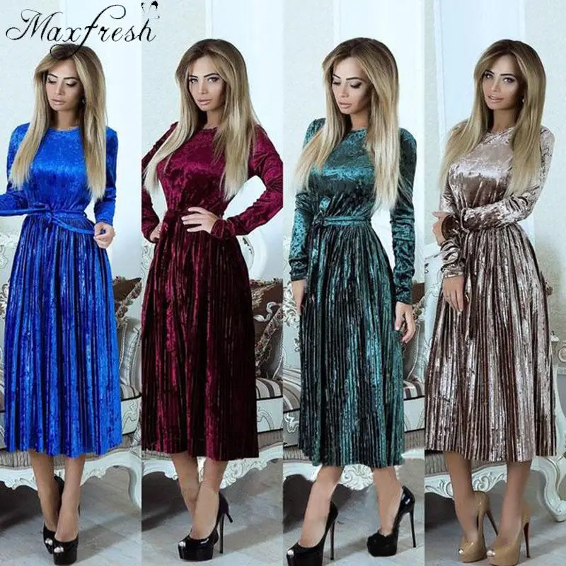Maxfresh 2018 осень зима бархат плиссированные платья Для женщин Slim Fit ПР элегантное