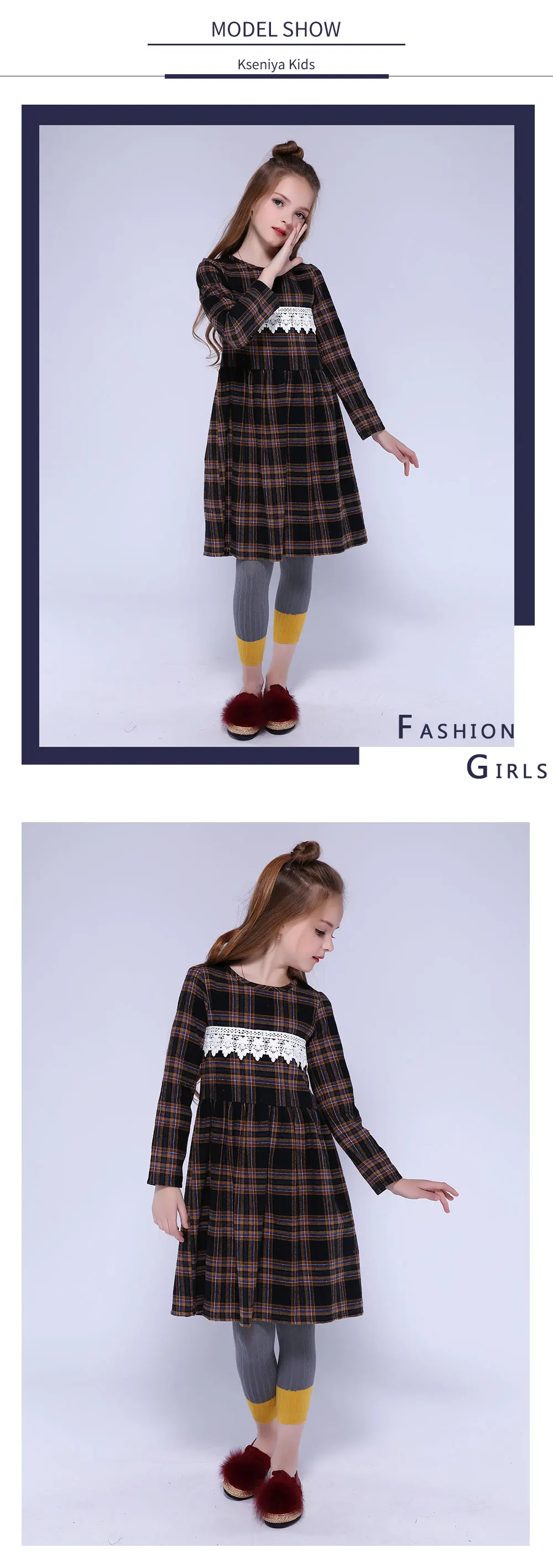 Kseniya kids/детские зимние платья для девочек; хлопковое кружевное платье в клетку с длинными рукавами в европейском и американском стиле; праздничное платье принцессы для девочек