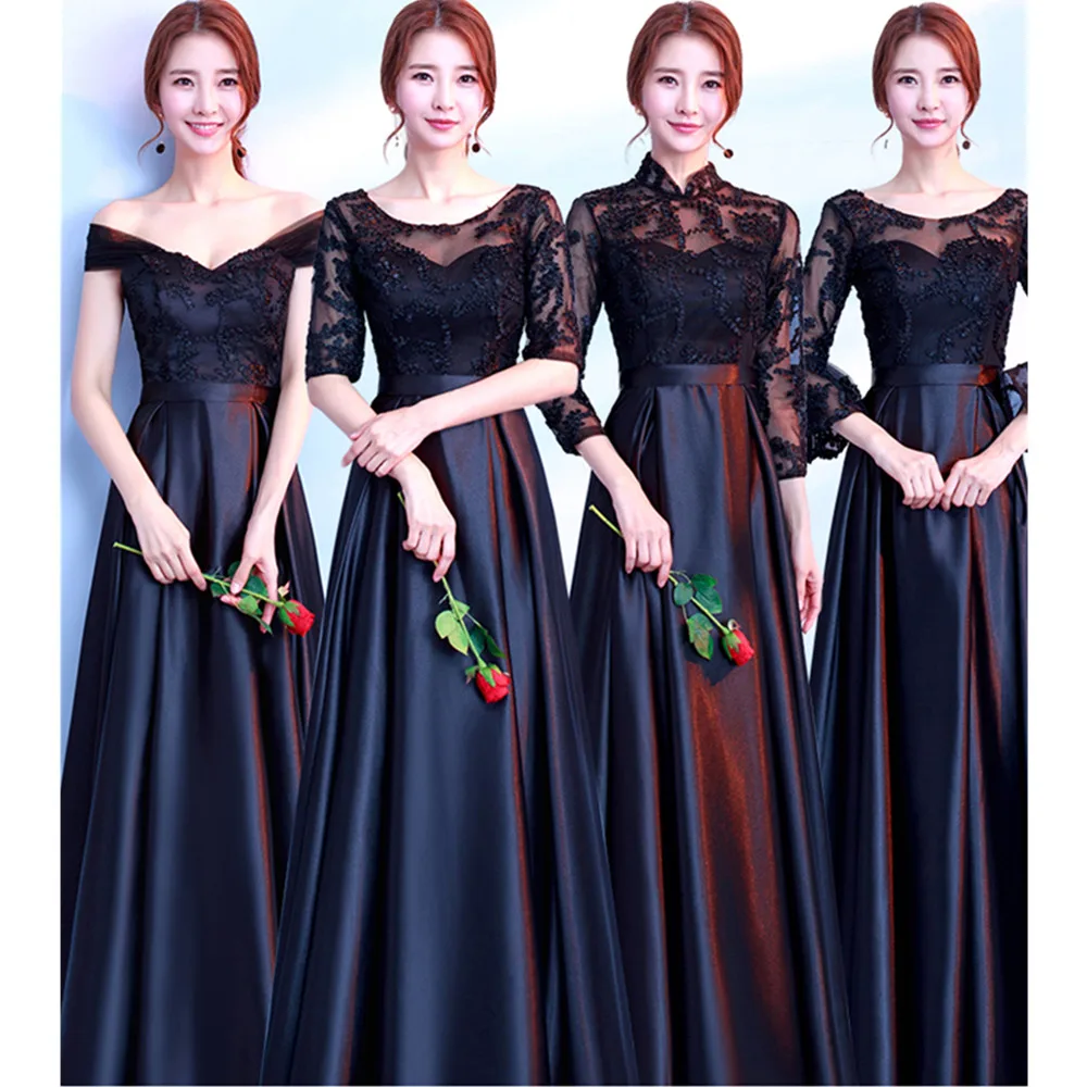 Vestido De Noiva/Новинка черные платья подружки невесты длинное атласное кружевное