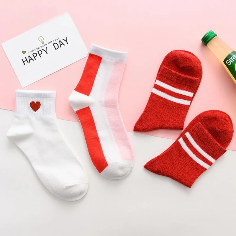 3 пары хлопковые носки в полоску с сердцем для женщин модные красные спортивные
