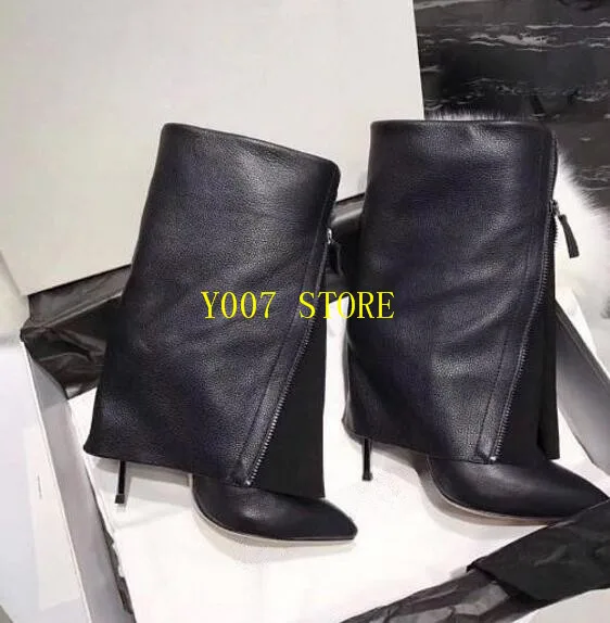 

New Fashion Suede Leather Patchwork Women Flodover Mid-Calf Boots Sexy Pointy Toe Ladies Blade Heel Boots Zipper Knight Boots