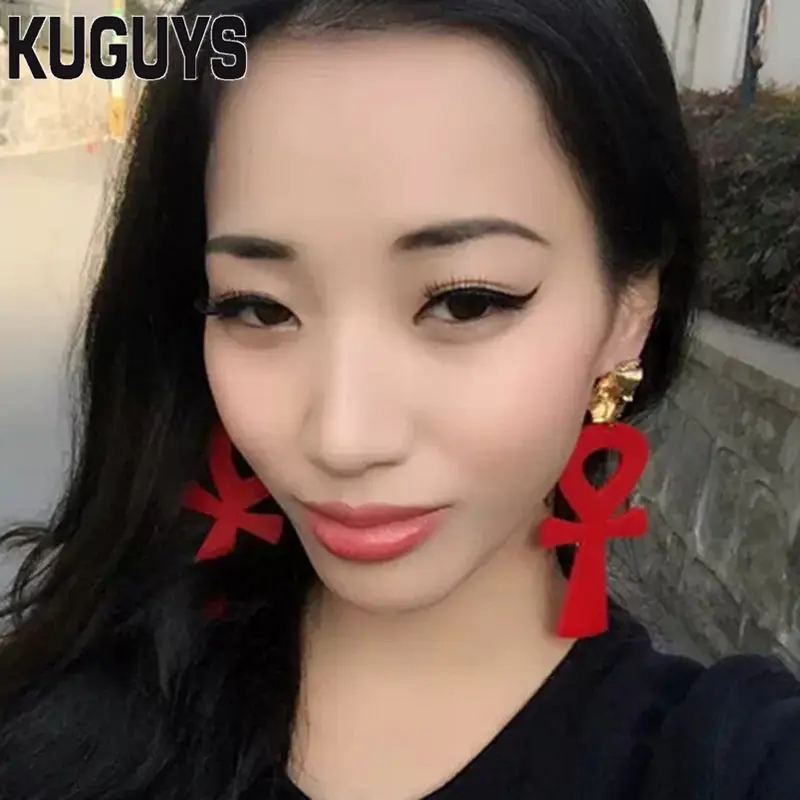 Женские серьги-подвески KUGUYS белые черные красные с крестиком Фараона ювелирные