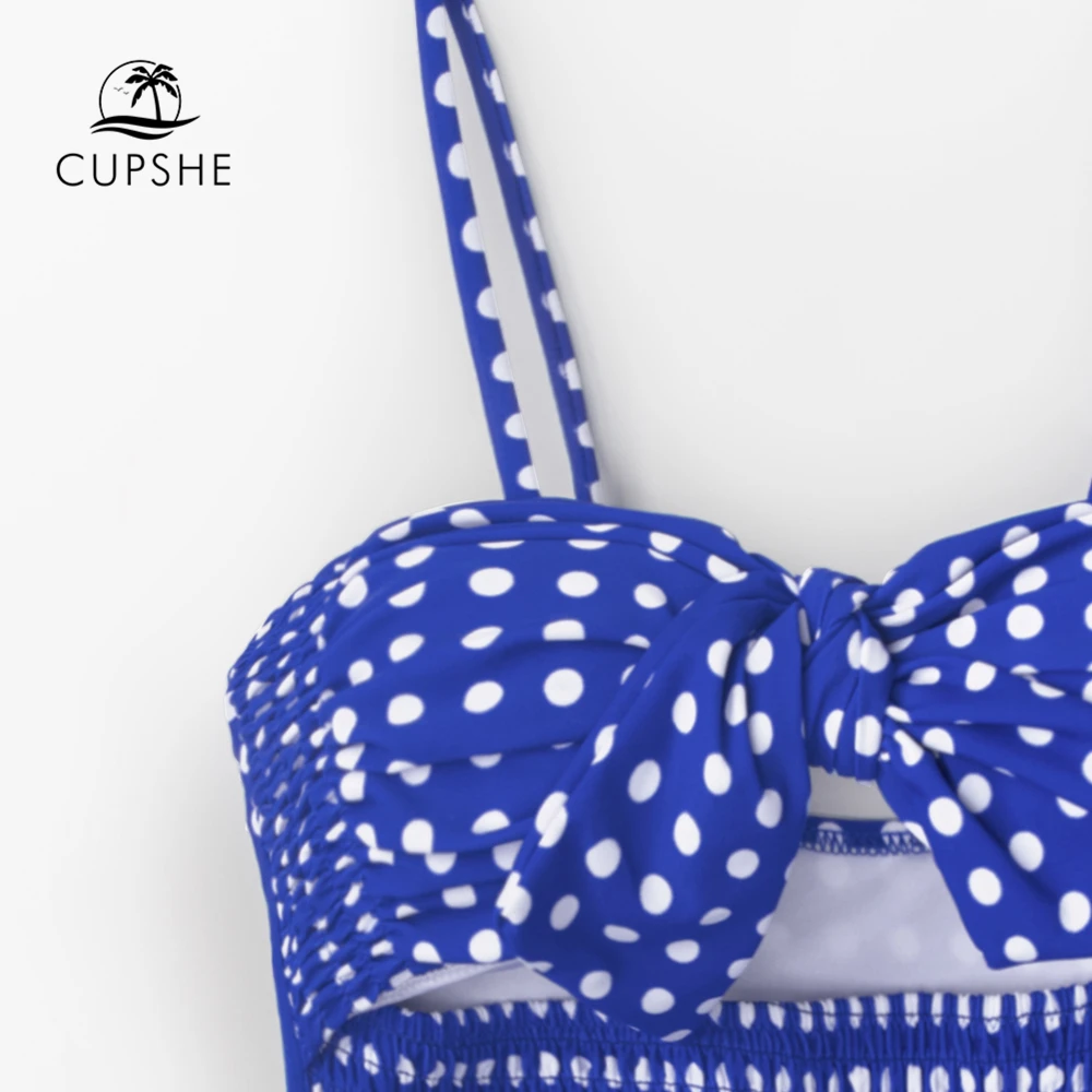 CUPSHE синий в горошек со сборками Цельный купальник женский сексуальный с бантом