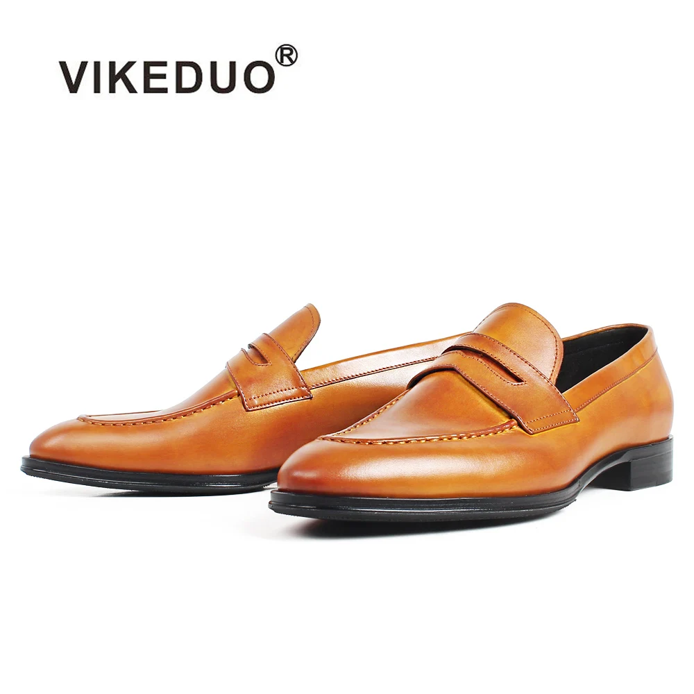 

VIKEDUO Genuine Cow Skin Flat Handmade Brown Shoes For Men Slip-On Patina Wedding Office Footwear Blake Leather Loafers Shoe Men