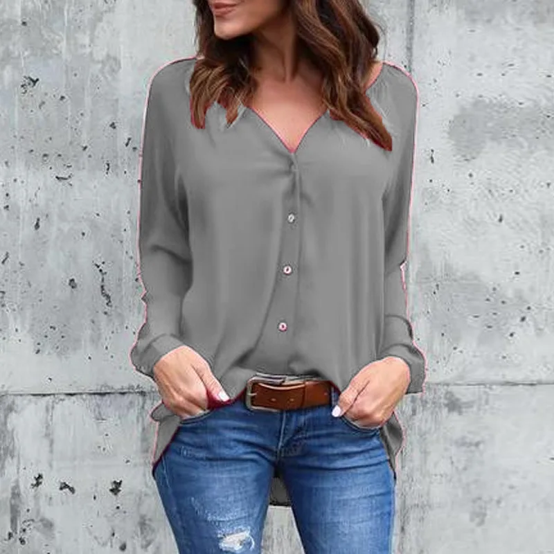 Fall 2019 explosions V-collar pleated button long sleeve loose chiffon shirt 8color 8yard plus size women blouse QP015 | Женская одежда
