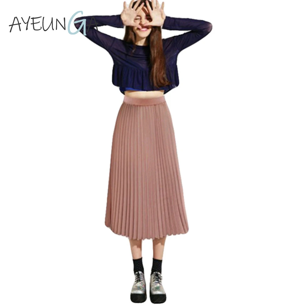 High Waist Pleated Skirt Fashion Solid Long Skirts Black Pink Length Elastic Skirts Woman Summer Fashion Office Maxi Skirt