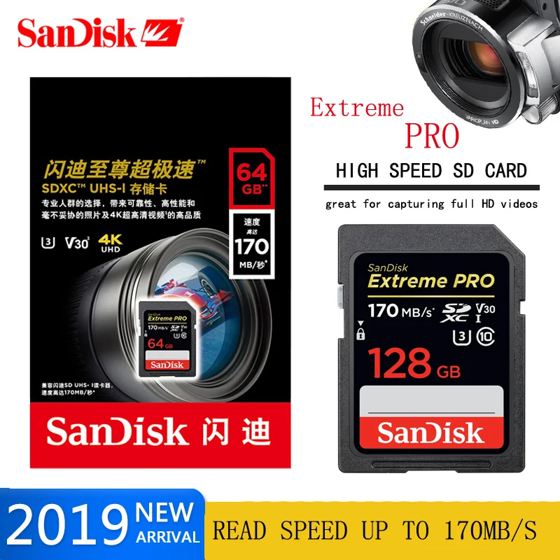 SanDisk Extreme PRO карты памяти SD card 64 GB 128 GB 256 GB 170 МБ/с. sd-карта SDXC Class10 SD Card 32g C10 U3 V30 4 K UHD для Камера