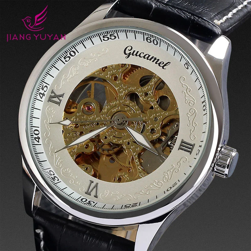 Dropship famous brand name Gucamel winner fashion genuine leather auto steel case hand wind men watch mechanical automatic | Наручные