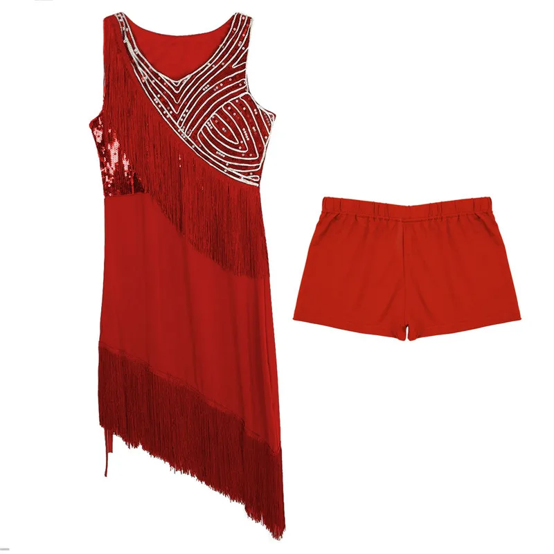2Pcs Women Ladies Shiny Sequined Sleeveless Tassel Asymmetric Latin Tango Rumba Cha Belly Ballroom Dance Dress with Shorts | Тематическая