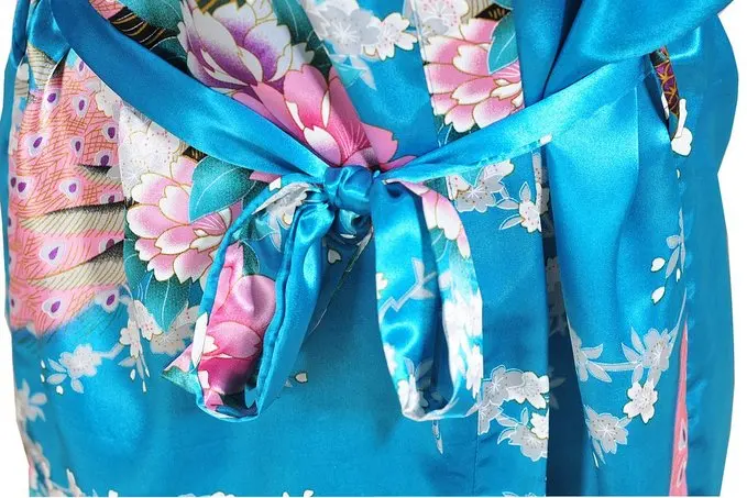 Голубой китайский женский шелковый халат из вискозы мини сексуальное кимоно