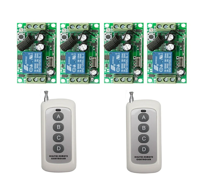 DC12V 8A 1CH RF Беспроводная система дистанционного управления 55*32*16 мм 4 * приемника и 2
