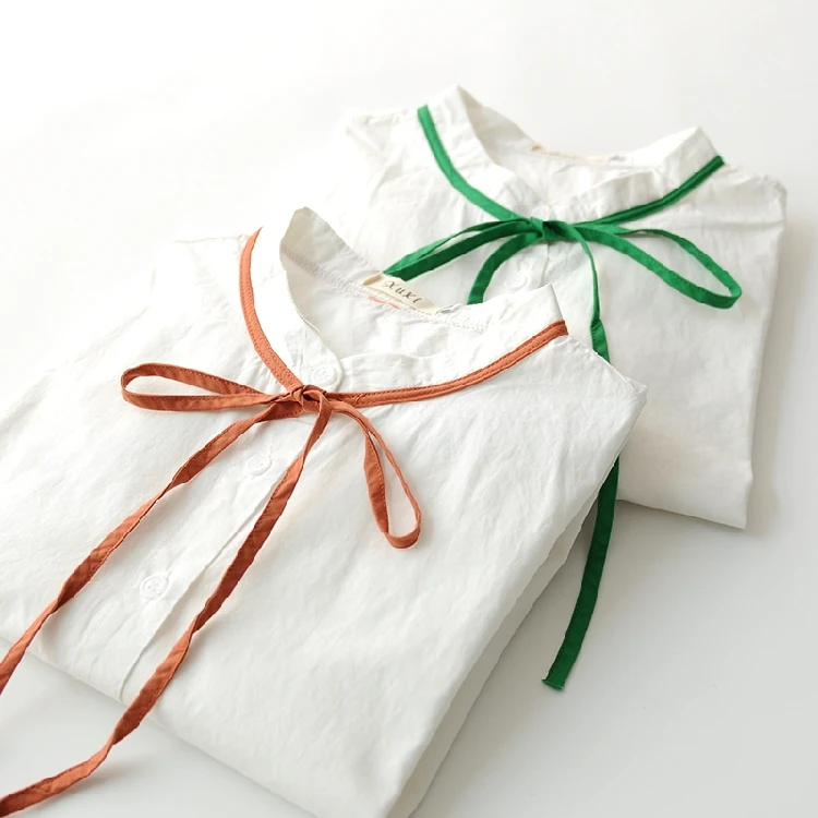 Пояс-кушак лук стоять воротник Длинные рукава хлопок литературный рубашка