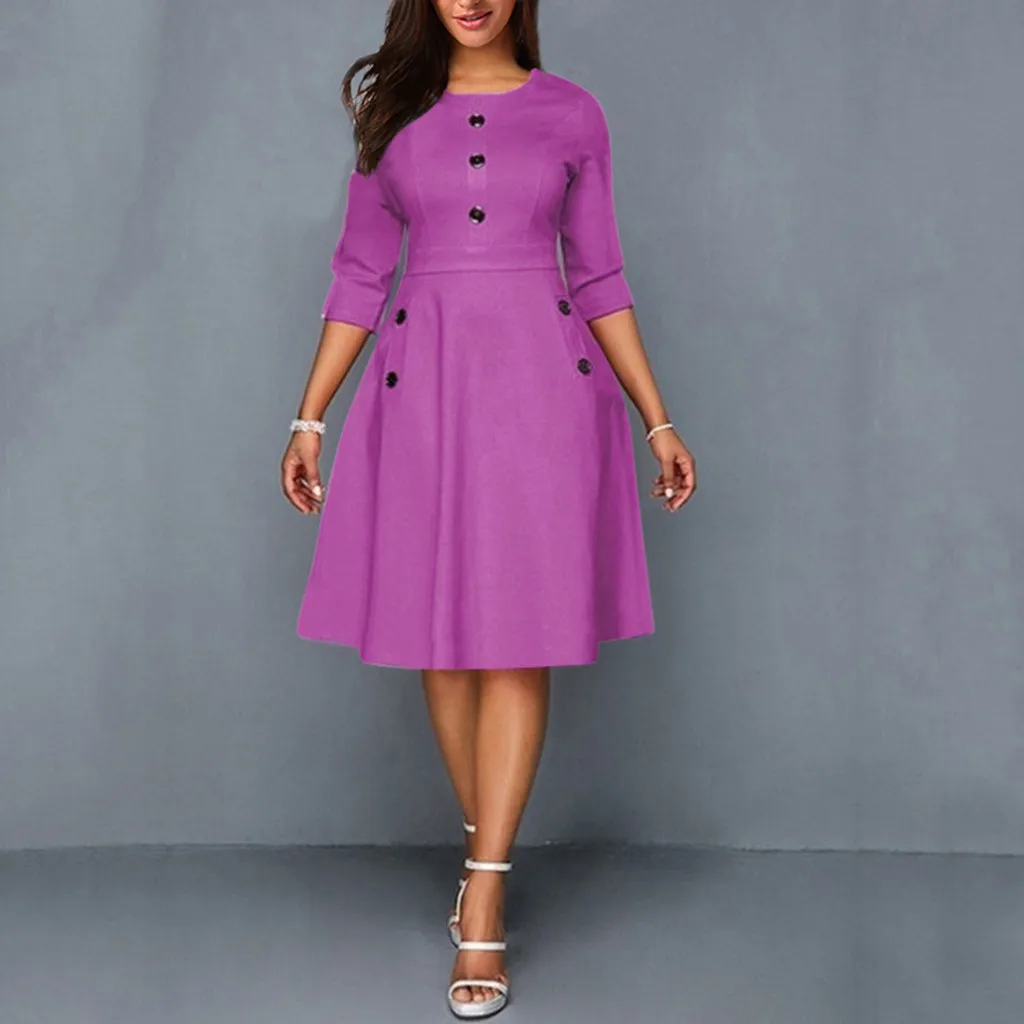 

Women fashion Dresses Women Vintage Princess O-Neck 3/4 Sleeved Button Party Aline Swing Dress