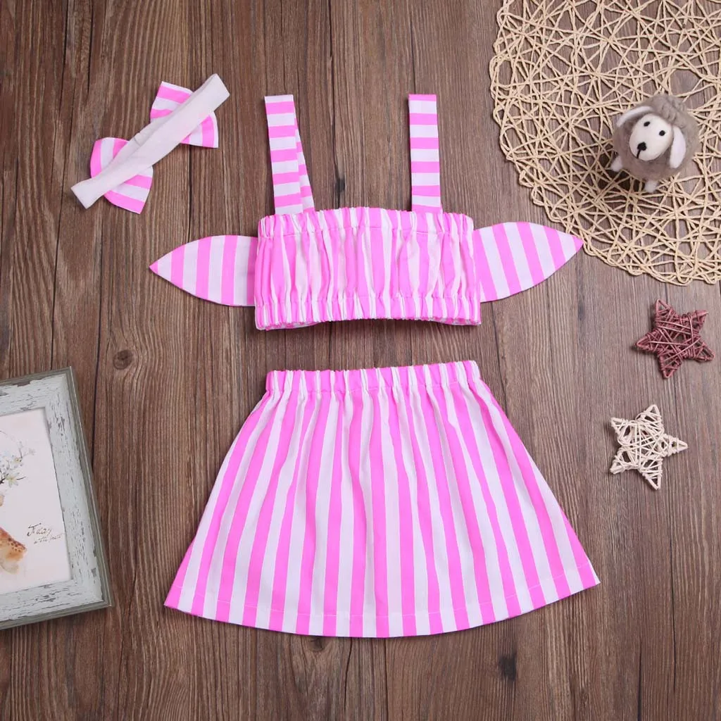 Комплекты для маленьких девочек 2019 полосатый жилет с бантом на грудь топ + юбка
