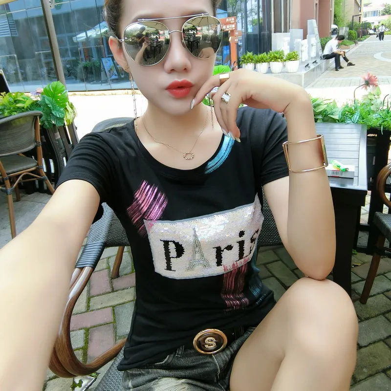 Граффити bronzing Париж с принтом букв летняя футболка для женщин Большие размеры 3XL