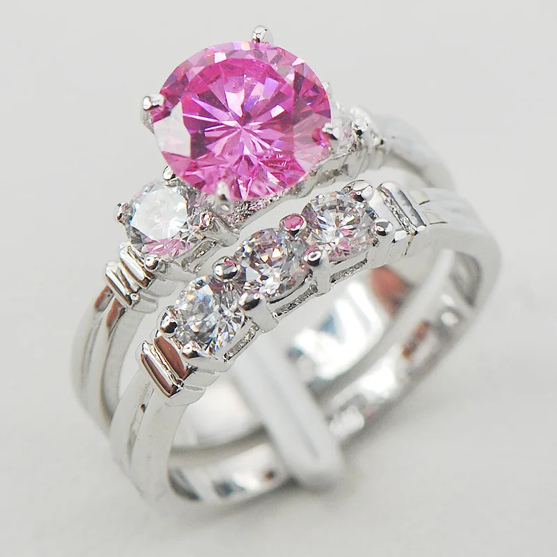 

Pink Crystal Zircon White Crystal Zircon Women 925 Sterling Silver Ring F835 Size 6 7 8 9 10