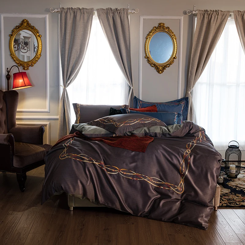 Роскошный 100% окрашенный в пряже хлопковый комплект постельного белья с твердой