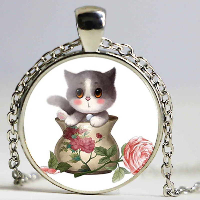 Цепи высокое качество Обувь для девочек с серебряным покрытием милый кот Стекло