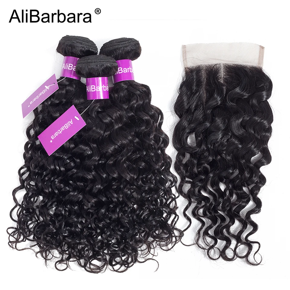 

Alibarbara Hair Peruvian Water Wave Human Hair Bundles With Closure 4pc 4X4 Middle Part Lace Closure Remy Hair Extension