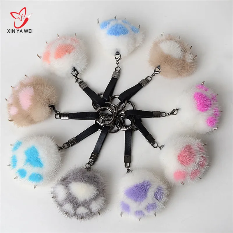 

Женский брелок для автомобильного ключа с подвеской в виде кошачьей лапы из натурального меха норки, брелок для ключей, милая сумка, очарова...