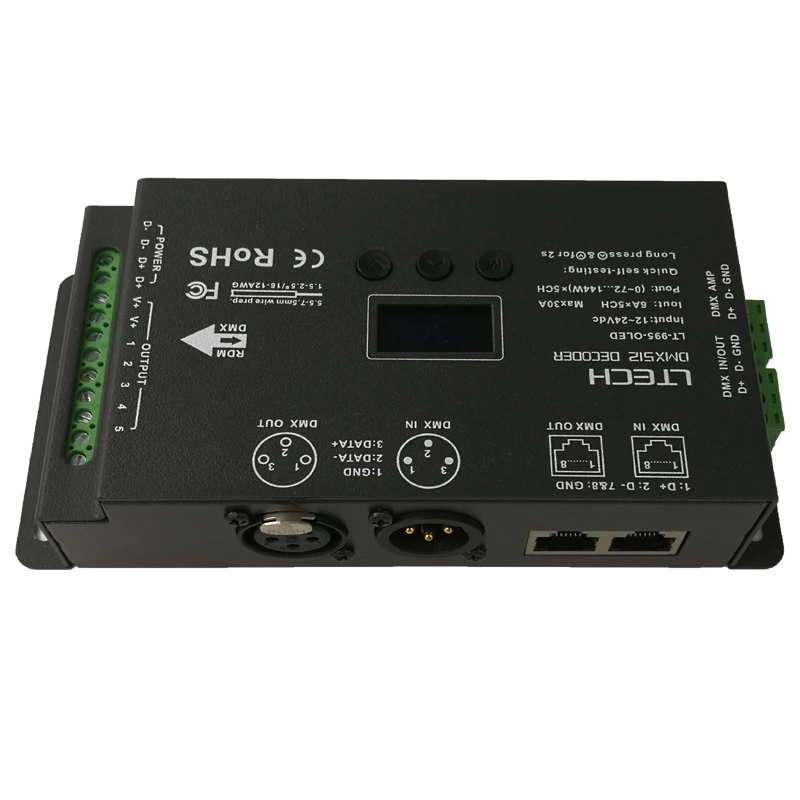 Светодиодный контроллер dmx декодера; DC12-24V вход; 6A* 5CH Max 30A выход RGB/RGBW XLR-3/RJ45 16 бит 65536 уровня