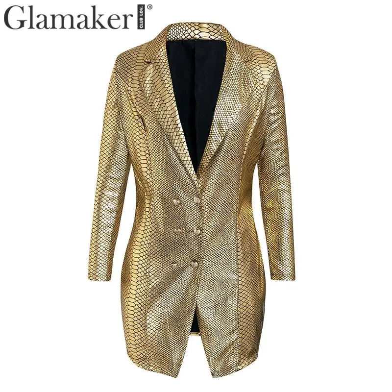 Glamaker сексуальное короткое платье с v-образным вырезом и золотым змеиным принтом, облегающее элегантное мини-платье с пуговицами, женское платье-блейзер, Осенние вечерние Клубные платья - Цвет: Золотой