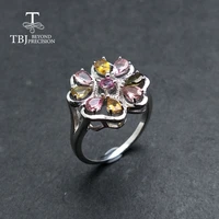 tbjmulti color tourmaline rings natural brazil gemstone simple flower design 925 sterling silver fashion jewelry for woman gift