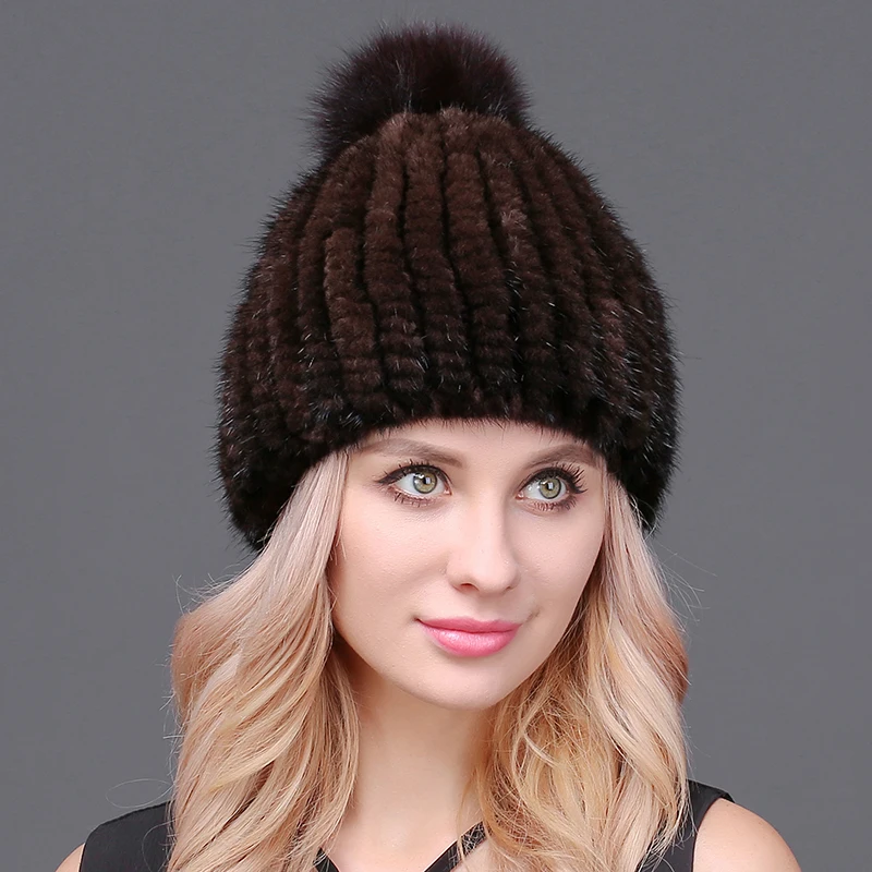 Вязаные шапки из меха норки для женщин шапка натурального с помпоном лисьего