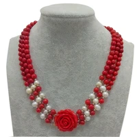 3 rows 17 19 inches 7 8mm red round natural coral beads natural freshwater pearls necklace