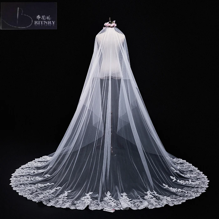 

BRITNRY In Stock Cathedral Wedding Veil Long Lace Edge with Sequins Ivory Veil Luxury Wedding Accessories Mantilla Wedding Veils