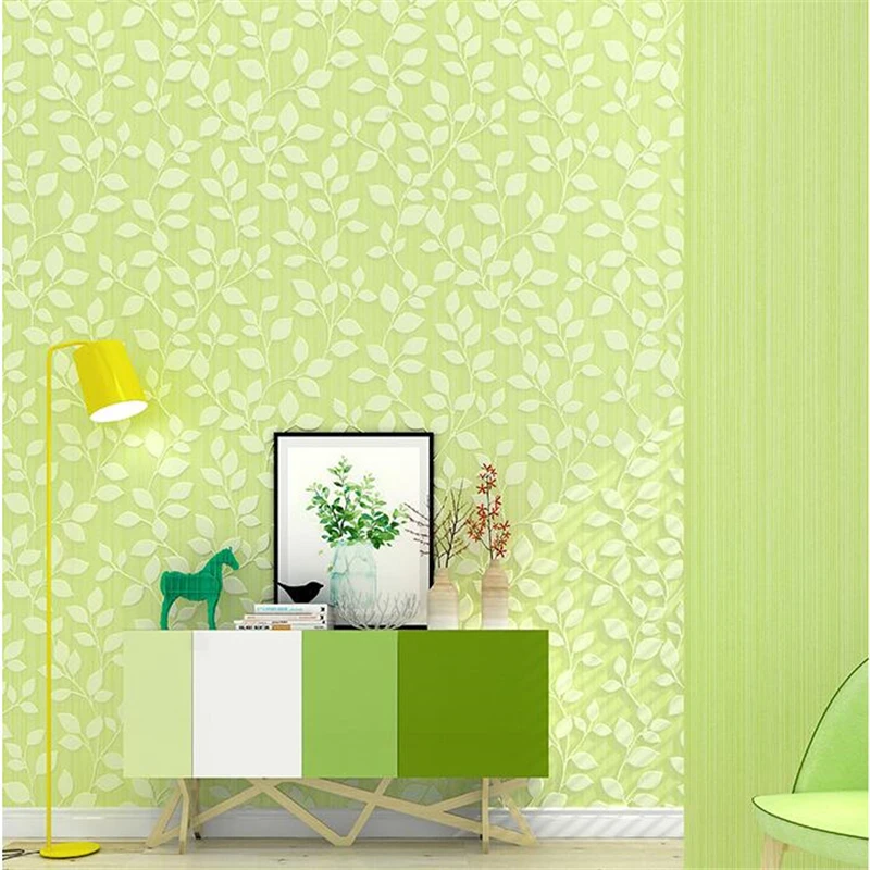 

beibehang Modern minimalist 3D embossed green yellow leaves vertical stripes wallpaper den living room AB background wallpaper
