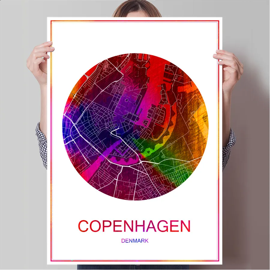 Карта всемирно известных городов Копенгаген Дания печать постера на бумаге или