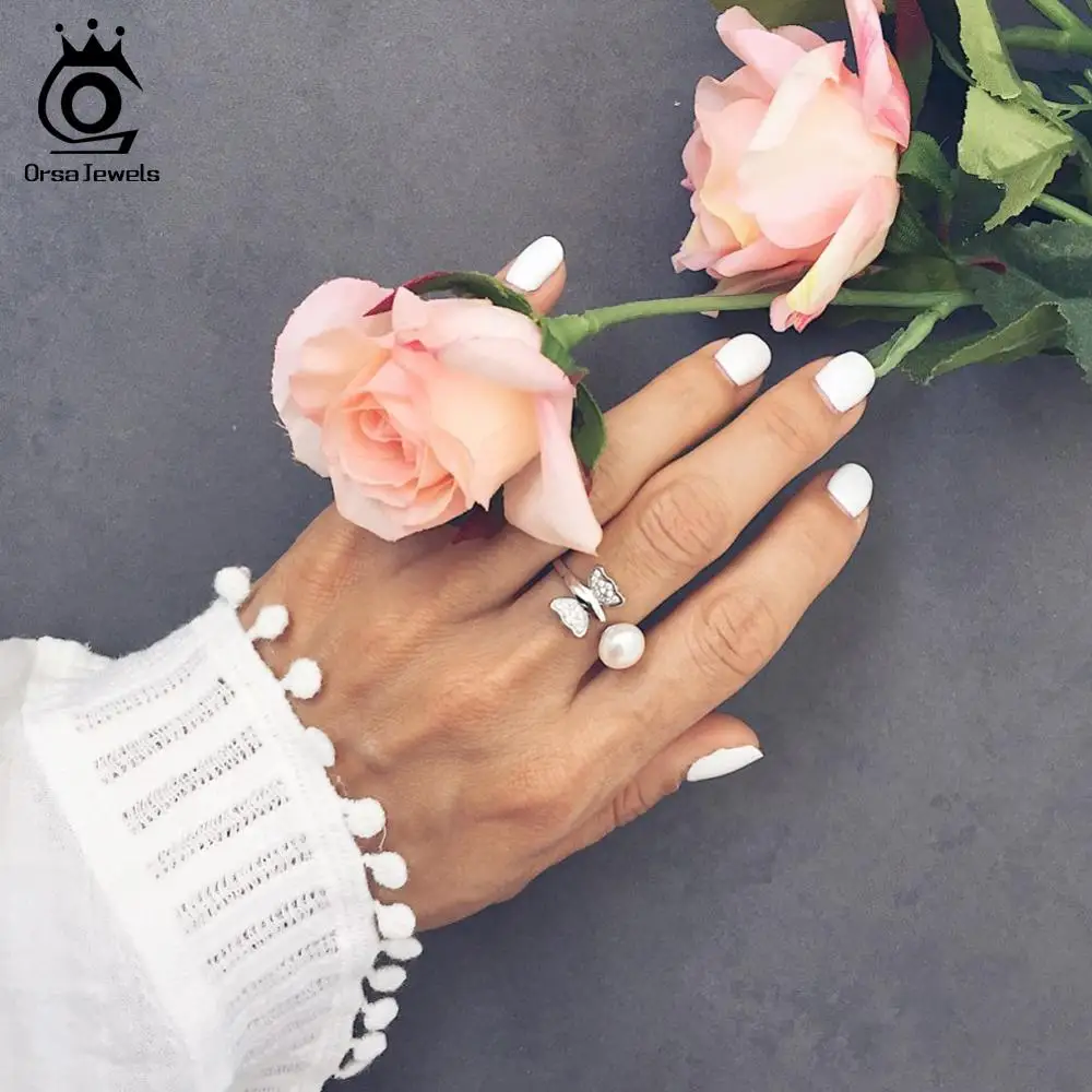 ORSA JEWELS большая рекламная акция женское регулируемое кольцо бабочка& жемчуг и блестящие AAA CZ модные вечерние ювелирные изделия PSR08-29