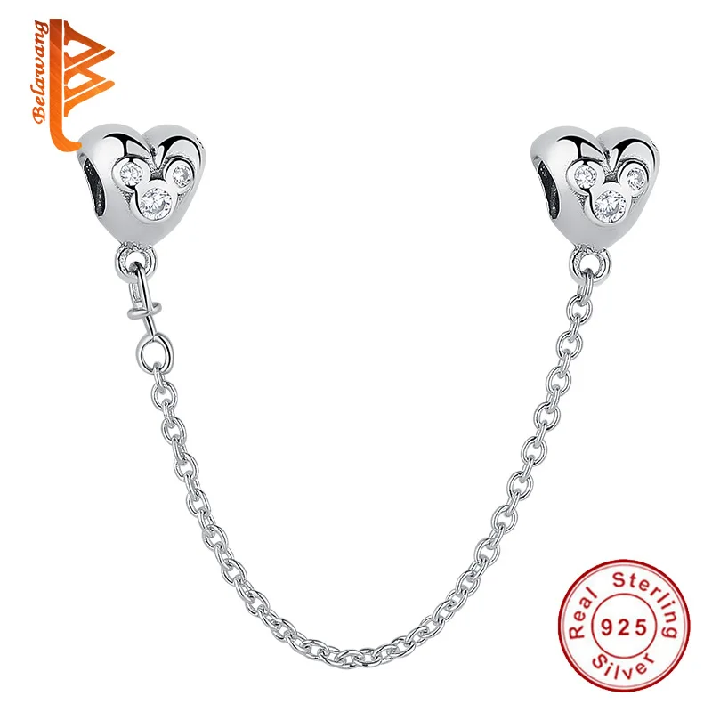 

Real 925 Sterling Silver Cartoon Heart Minnie Safety Chain Stopper Charm fit Bracelets for Women DIY Original Jewelry Gift