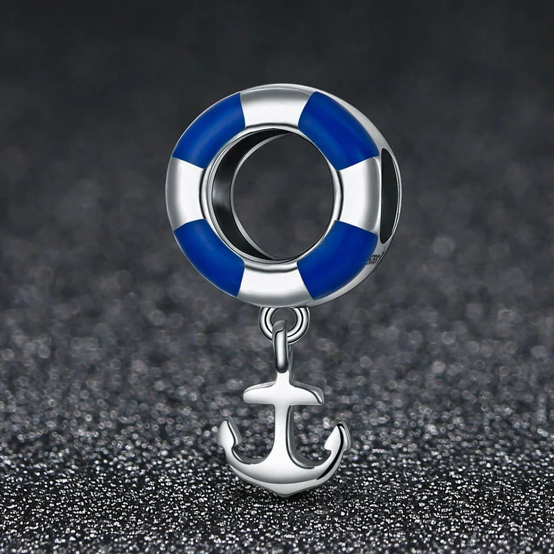 VEAMOR Authentic 925 Sterling Silver Blue Enamel Life Buoy &amp Anchor Dangle Charms Beads Fit Pandora Bracelets DIY Jewelry Making |