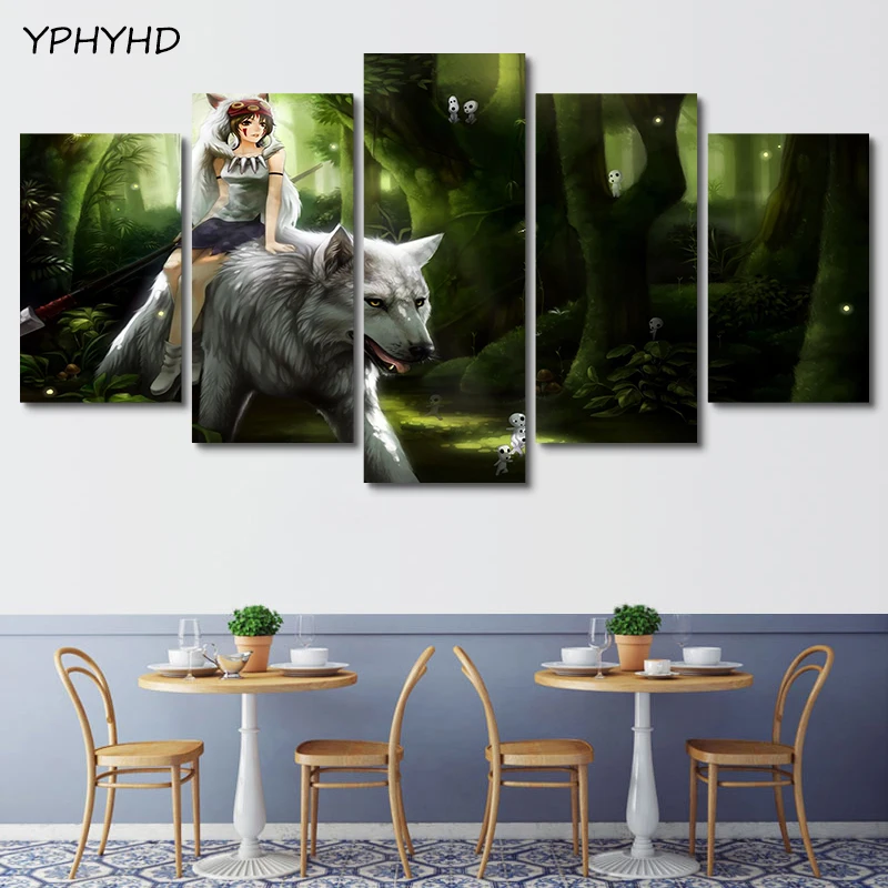 YPHYHD 5 панель Мультфильм Принцесса Мононоке езда белый волк домашний Настенный