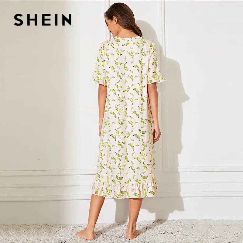 SHEIN Ночная Рубашка С Принтом Банан И Оборками, Длинная Ночная Рубашка С Принтом